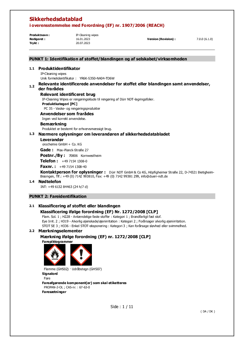 

IP Cleaning Wipes Datablad

